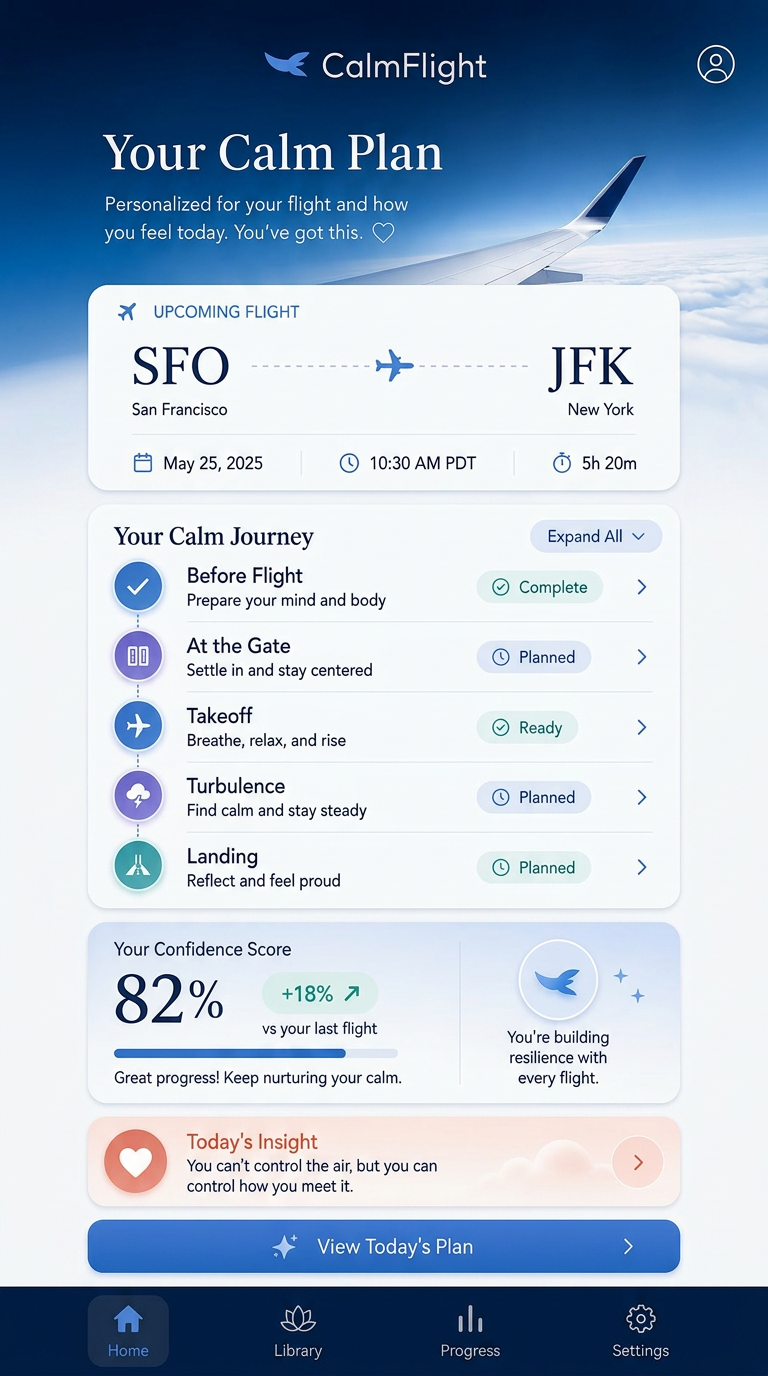CalmFlight Your Calm Plan screen with upcoming SFO to JFK flight and personalized journey