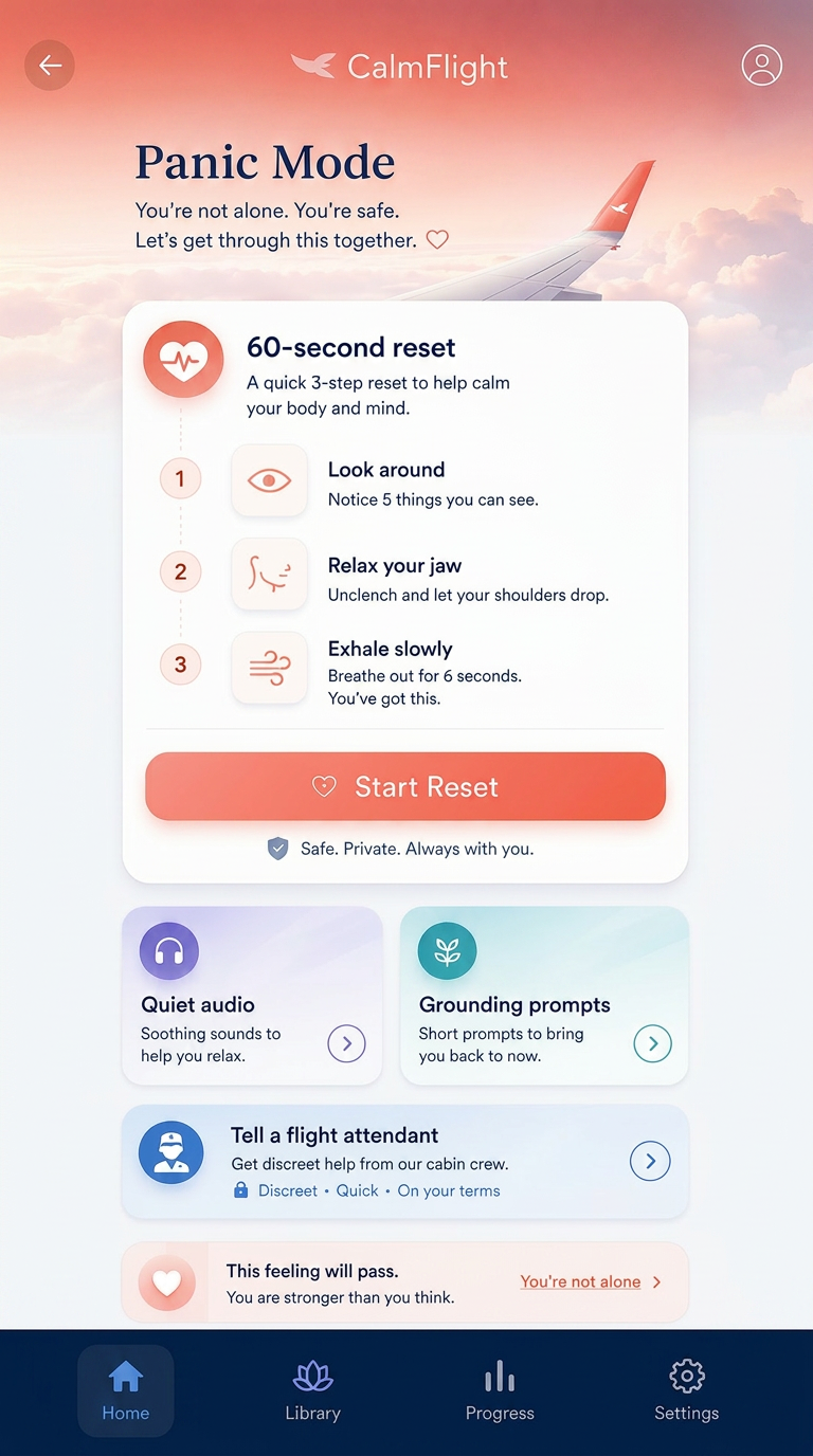 CalmFlight Panic Mode screen with a 60-second reset and three grounding steps