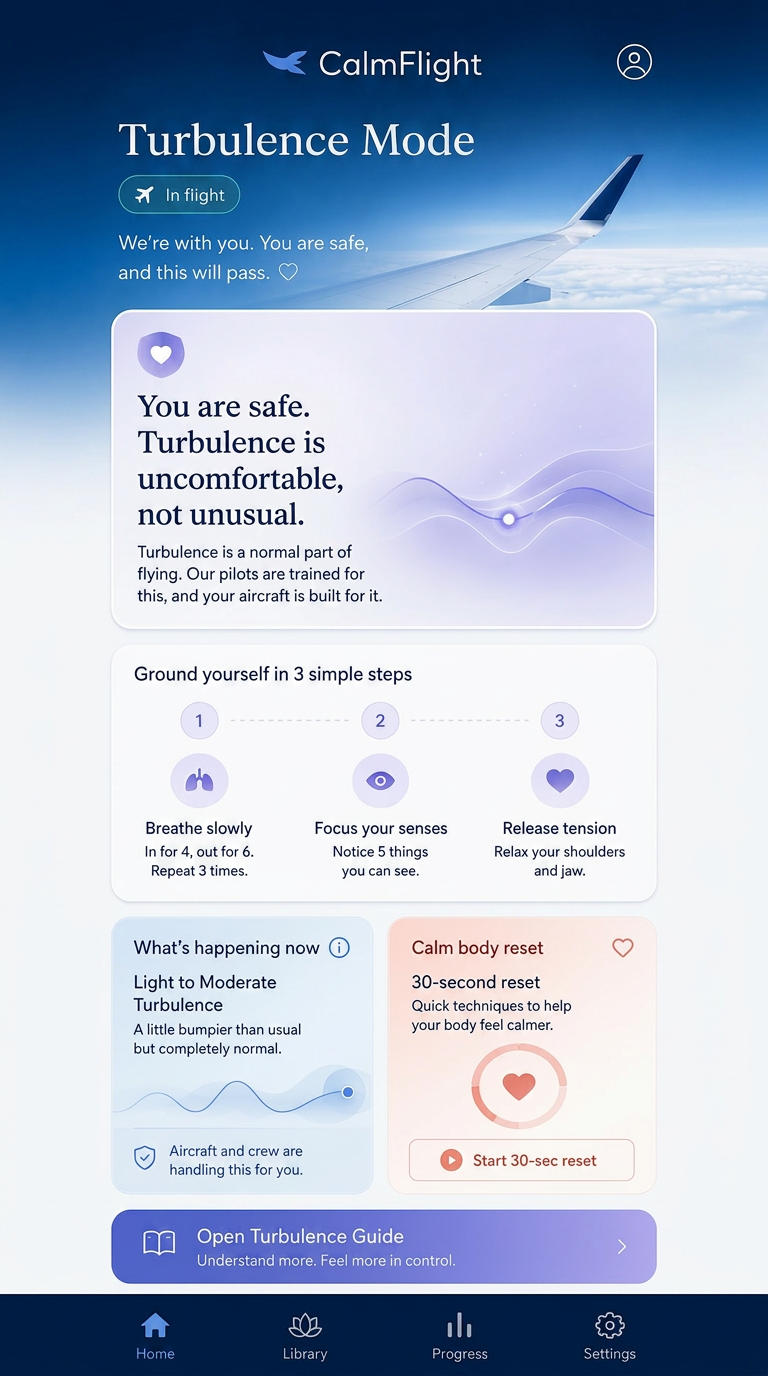 CalmFlight Turbulence Mode screen explaining turbulence is uncomfortable, not unusual